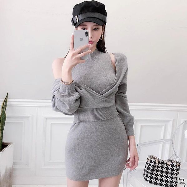 

casual dresses 2021 spring two piece suits slim bat sleeve bodycon knitted sweater sets mini grey dress, Black;gray