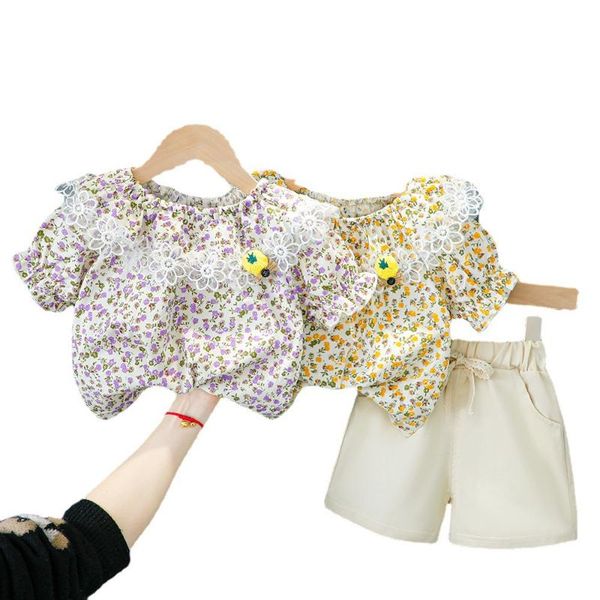 

clothing sets kids baby girls summer embroidery flower ruffle t-shirts solid belt short pants toddler children clothes 2pcs 6m-5y, White