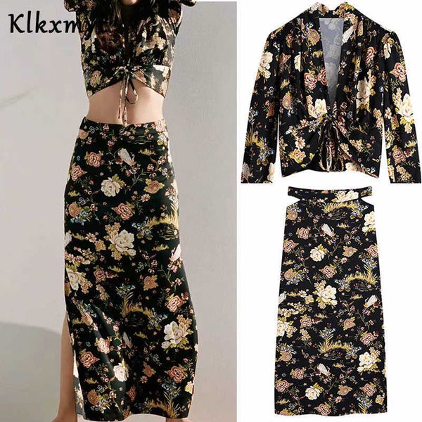 Klkxmyt dois pedaços definir mulheres chique moda floral impresso dobra curto blusa blusa midi long skirt 2 conjuntos 210527