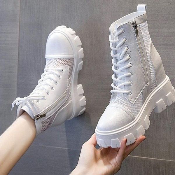 

boots woman height increasing casual shoes ladies drop women's breathable mesh ankle zipper lace up platform, Black