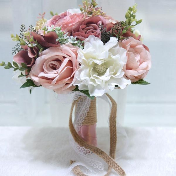 Flores decorativas Grinaldas Retro Corte Estilo Rosa Buquê de Casamento Buquê Artificial De Seda Peônia Casamento Da Noiva Handmade