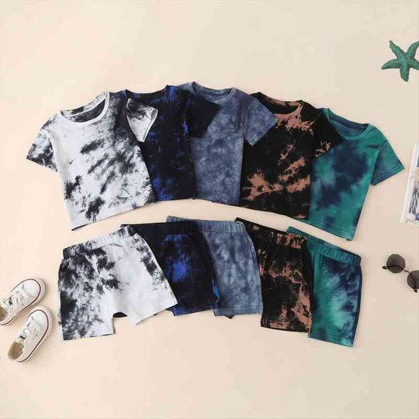 

summer toddler kids baby boys girls clothes tracksuit sets tie-dye printed short sleeve shorts casual outfits, White