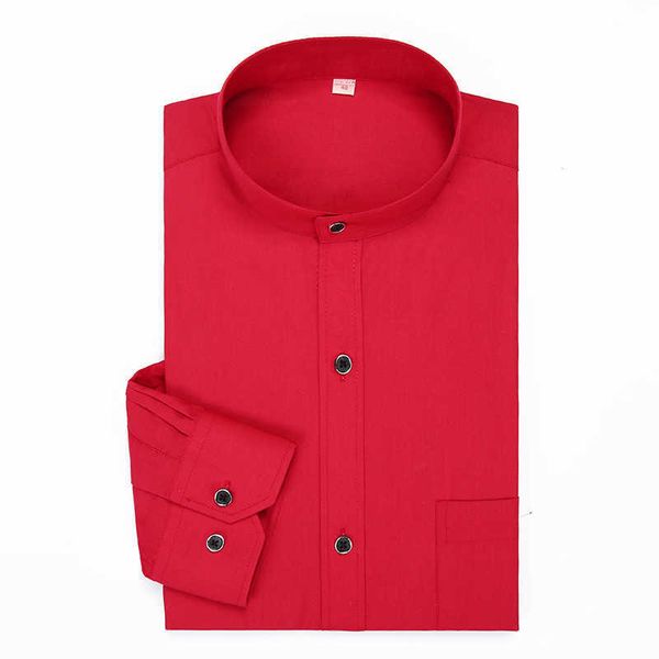 Standı Yaka Erkek Elbise Gömlek Katı Renk Uzun Kollu Çin Tarzı Mandarin Yaka Kırmızı Rahat Klasik Resmi Marka Gömlek Adam 210609