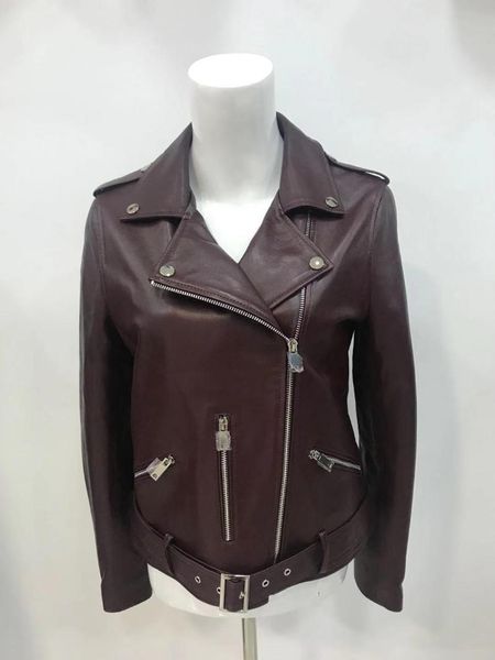 

women's leather & faux coat 2021 spring and autumn sheepskin wine red, Black