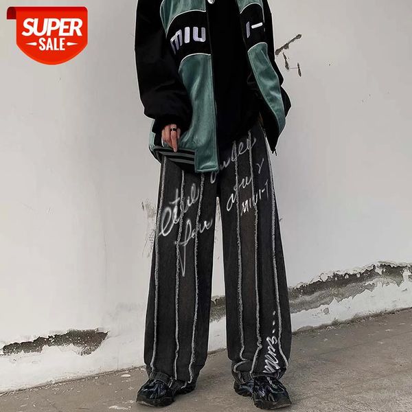 

frayed letter striped washed wide leg jeans pants mens and womens high street washed straight oversize denim trousers #190v, Black