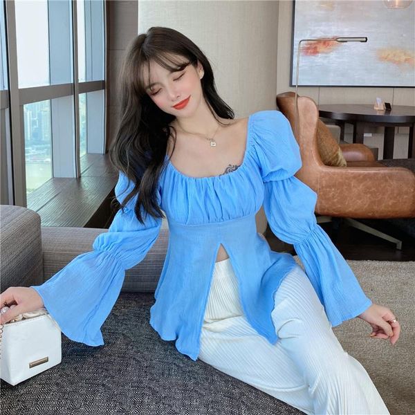 

women's blouses & shirts shirt western style niche gentle french square collar irregular slit lantern sleeve thin-style blue small rac, White