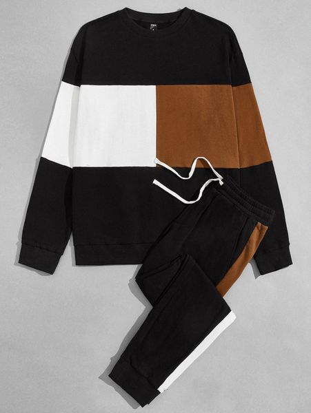 

men color block pullover & drawstring waist sweatpants 37da#, Gray