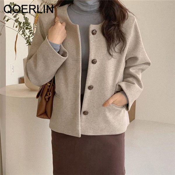 

women's suits & blazers qoerlin single-breasted o-neck woolen blazer women thick winter jacket coat loose single breasted long sleeve s, White;black