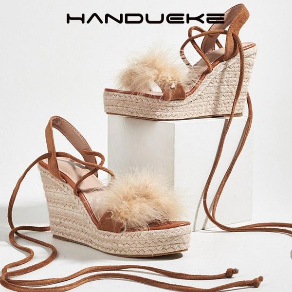 

sandals summer women high heels platform espadrille wedges lace up fur open toe ladies shoes ankle strap gladiator, Black