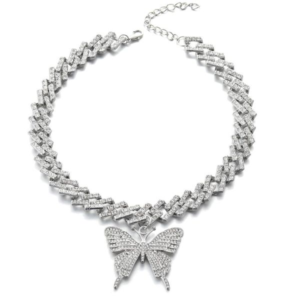 

chokers big butterfly necklace pendent cuban link chain for women iced out rhinestone choker bling hip hop jewelry accessories, Golden;silver
