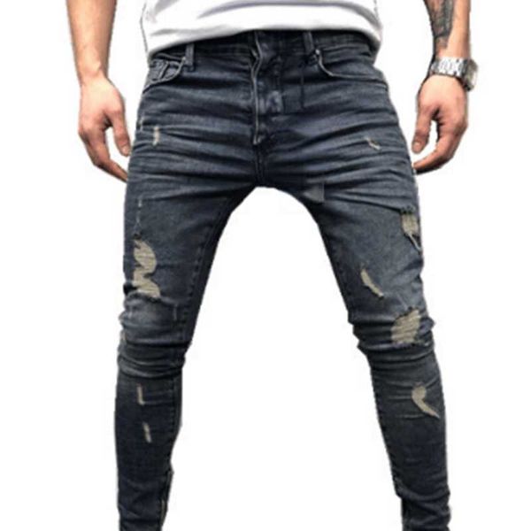 

men's jeans ripped beggar pants slim stretch trousers, Blue