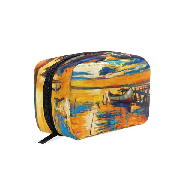 

fengju makeup cosmetic bag portable toiletries bag fashionable square organizer for girls lady woman oil painting boat