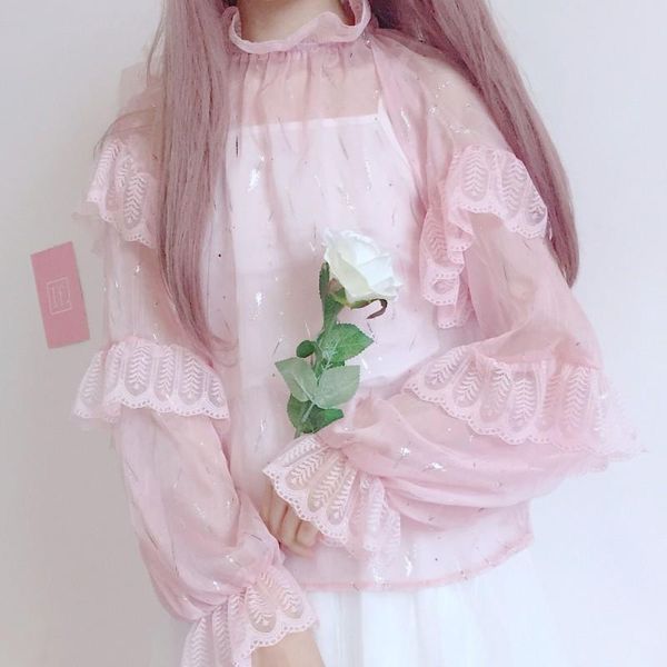 

women's blouses & shirts japanese lolita style spring autumn women blouse white pink shiny ruffles female blusa cute kawaii 2 pcs chiff