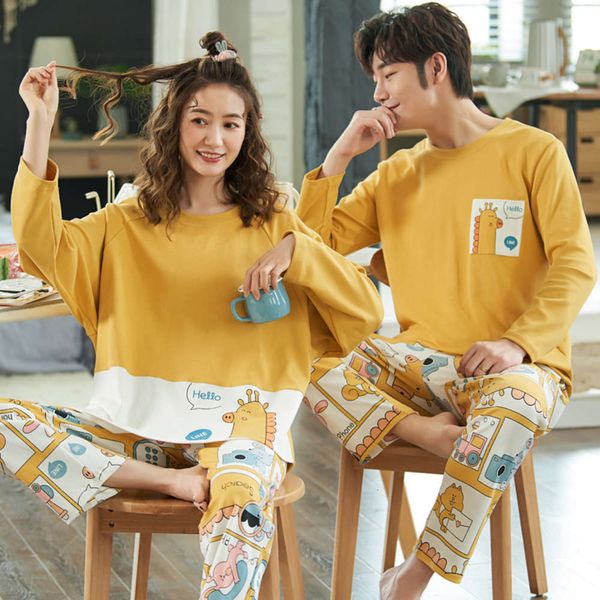 

korean couple pajamas spring long sleeve women's pure cotton men's autumn and winter home wear can be worn out casual lovely suit, Black;red