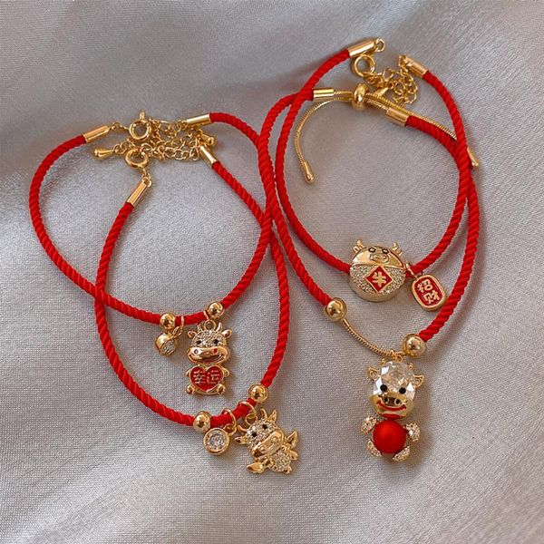 

charm bracelets year of the ox zodiac red hand rope bracelet braided lucky for women lovers gifts, Golden;silver