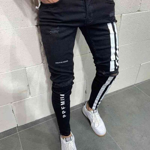 

70% off outlet online men stripe jeans stretchy skinny biker slim fit scratched ripped hole jeans street hip hop casual high quality, Blue