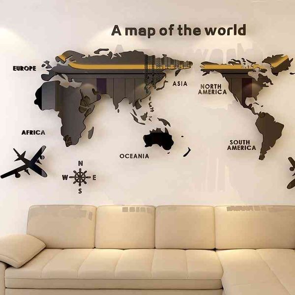 Mappa del mondo Parete della camera da letto in cristallo solido 3D acrilico con soggiorno Adesivi per aule Idee per la decorazione dell'ufficio 210615
