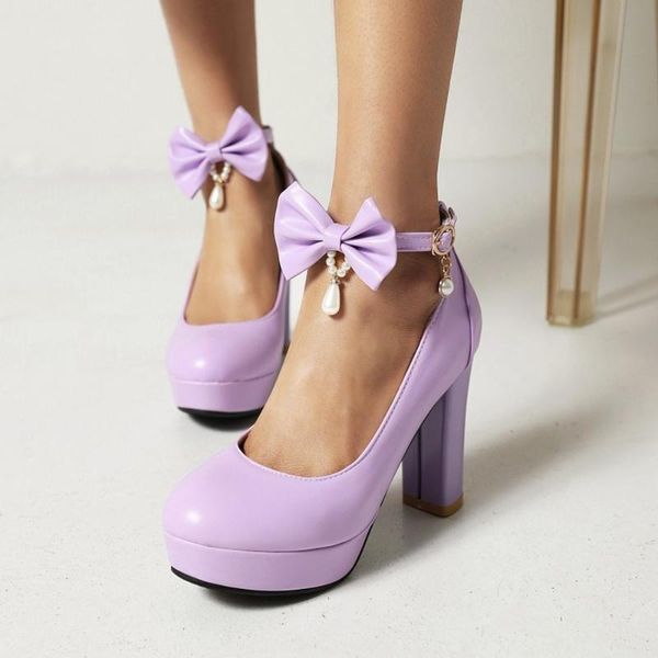 

dress shoes womens platform bowknot pearls block high heel pumps mary jane lolita 5colors plus size 34-48 2021, Black