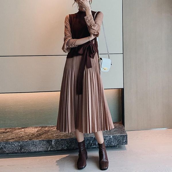 

two piece dress autumn sets women lace-up knitted sweater vest and basic pullover long pleated korean vintage boho 2 pieces suit, White