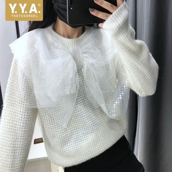 

women's sweaters sweet ladies sequined mesh bowknot knitted pullover long sleeve fashion autumn women elegant o neck sweater knitwear, White;black