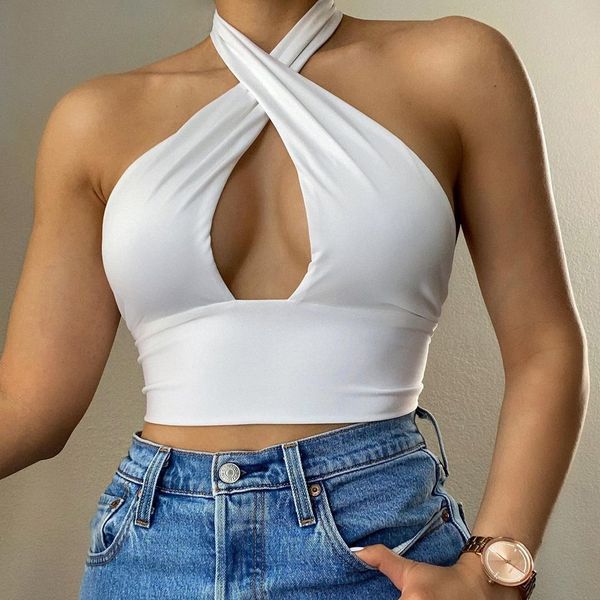 

2021 spring new slim open back hollow neck top, White