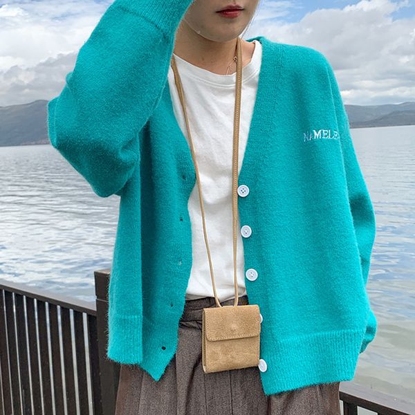 

2021 new 3 colors korean style women autumn v neck breif letter knit cardigan sweater coat female outwear long sleeve knitted (451 n1t8, White;black