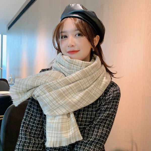 

scarf female autumn and winter fine grid student imitation cashmere scarf long ins thickened shawl bib, Blue;gray