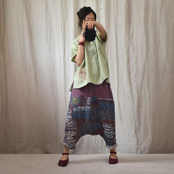 

women's pants & capris women summer plus size patchwork elastic waist harem ladies vintage loose spliced trousers female 2021, Black;white