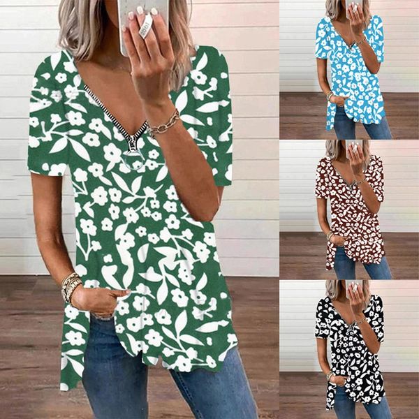 

2021 summer trend women's v-neck loose short sleeve floral zipper t-shirt, White
