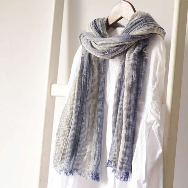 

pleated striped cotton shawl spring autumn winter gray versatile long scarf men and women gender neutral, Blue;gray