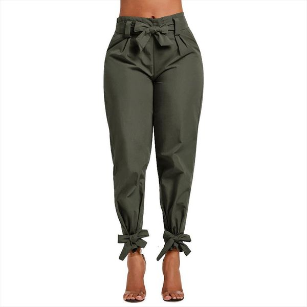 

loose bow tie ruffles women pant casual solid high waist belt pocket spring womens trousers female sashes, Black;white