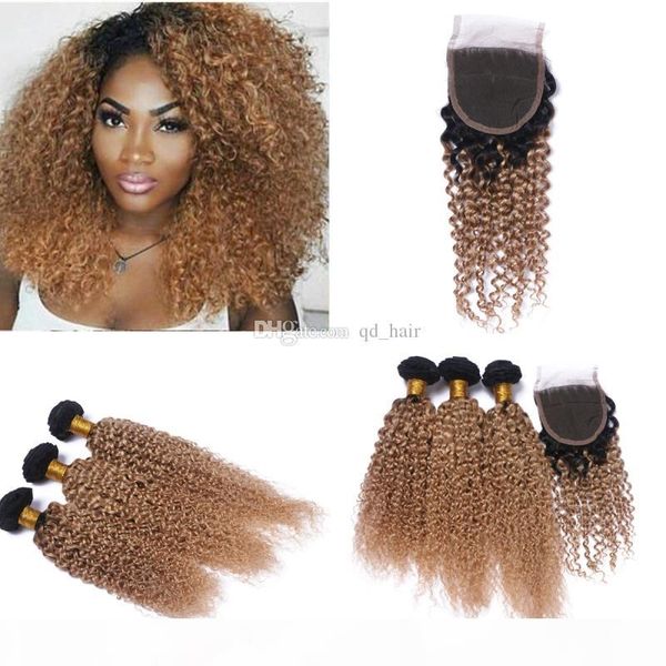 

dark root ombre 1b 27 hair weft with closure honey blonde 1b 27 lace closure with kinky curly hair extension, Black