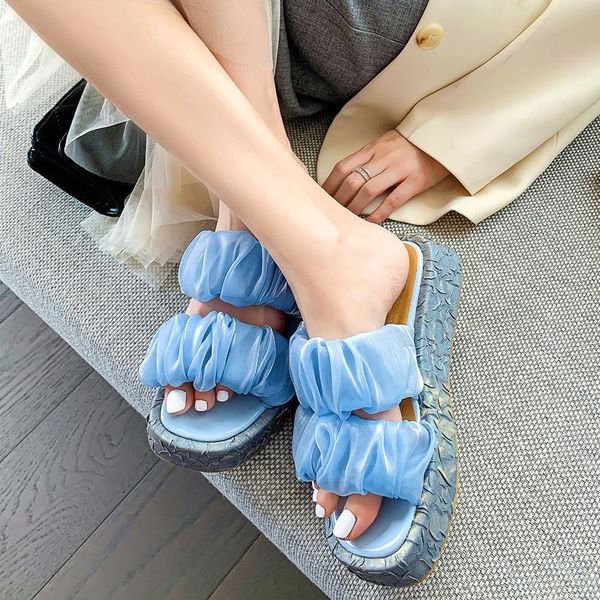 

slippers women silk pleated ladies platform comfort slides female casual open toe outside flat woman summer shoes plus size, Black