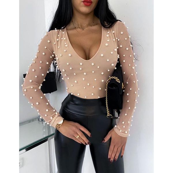 

women v neck mesh beading long sleeve slim casual t-shirt femme european punk bottoming tee spring 2021 sj5583m, White