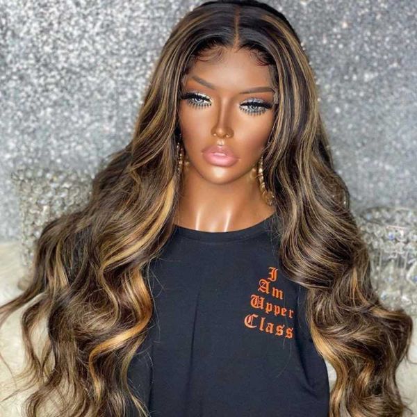 

30 inch highlight human hair wigs body wave t lace front wig peruvian hair remy 13x1 ombre honey blonde and brown highlight wig, Black;brown