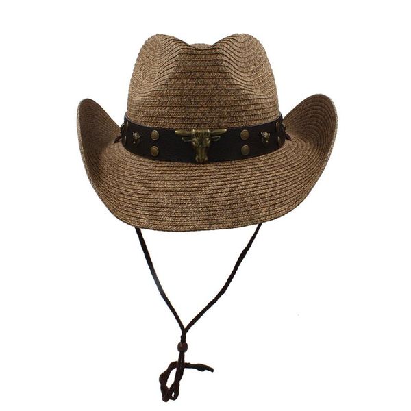 

cloches straw western cowboy hat for men with punk leather bull band gentleman beach sun sombrero size 56-58cm, Blue;gray