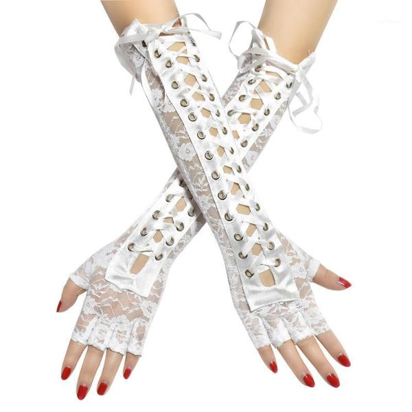 

lady long gloves spring lace ribbon elbow length half-finger gloves fingerless fishnet mesh etiquette party accessories1, Blue;gray