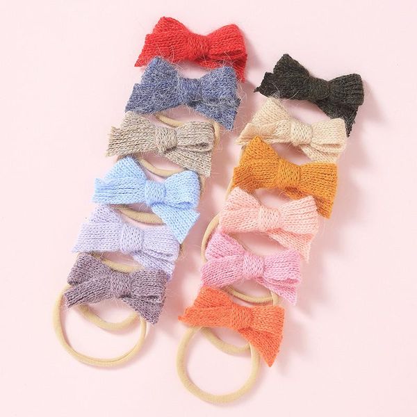 

new crochet bows nylon baby headband girls wool knitted hair bow with thin nylon headband for girl kids hair accessory, Slivery;white