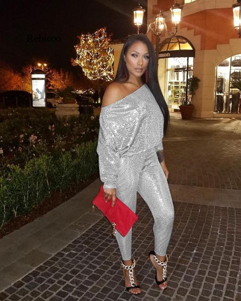 

two piece dress women sequin long sleeve shirt & glitter shiny pant sets, White