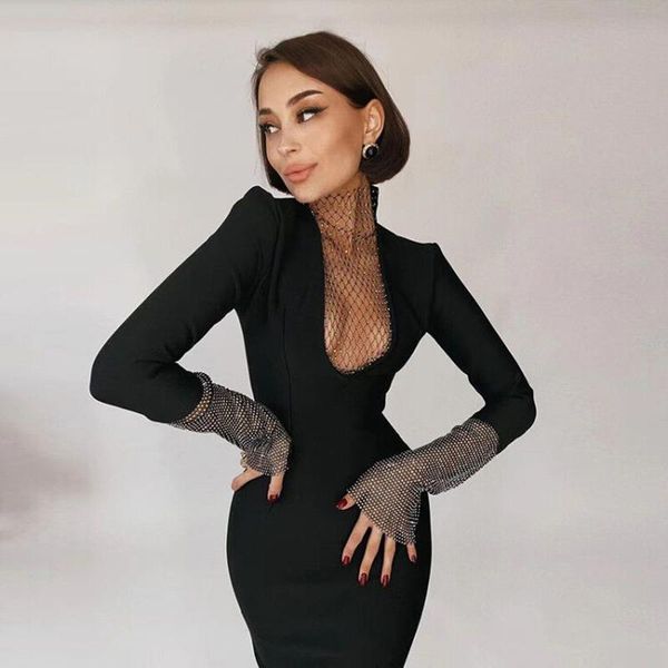 

casual dresses 2021 diamonds mesh patchwork hollow out black bodycon women party nightclub vestido feminino robe hd8443, Black;gray