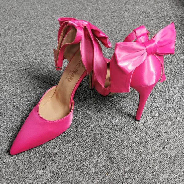 

dress shoes 2021 woman candy rose pink satin pointed toe high heel back bow buckle part, Black