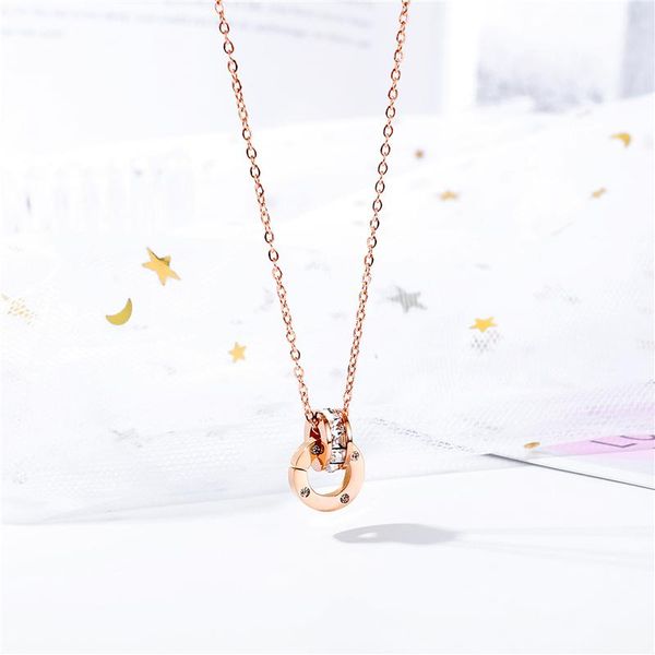 

chains japanese and korean version of simple versatile titanium steel plated rose gold pendant double-sided love diamond necklace f, Silver