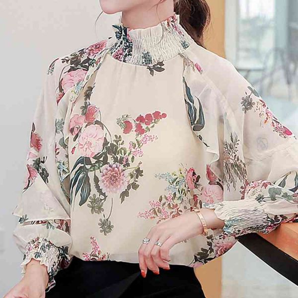 

long sleeve blouse women blusas mujer de moda blouses femme turtleneck print chiffon blouse shirt blusas muje e596 210602, White