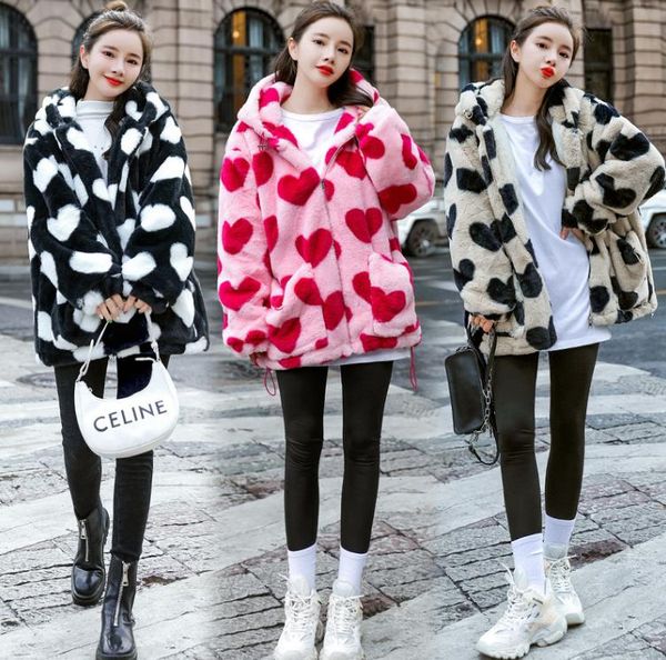 

women's fur & faux love lamb fleece coat women winter loose hooded plush, Black
