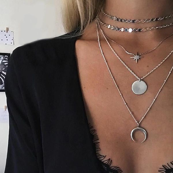 

pendant necklaces 5 pcs/set women set fashion star moon round chain multilayer silver color long necklace lady exquisiteÂ jewelry
