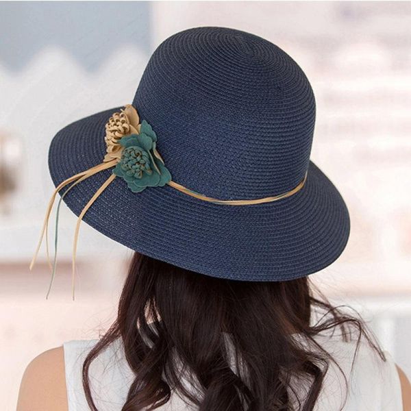 

wide brim hats 2021 summer solid straw for women flower accessories ladies sun hat female sunscreen beach seaside big, Blue;gray