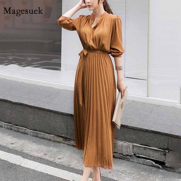 

casual dresses 2021 autumn slim waist tie ladies pleated single-breasted dress korean style chiffon long sleeve for women 12537, Black;gray