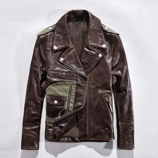 

men's leather & faux 2021 vintage genuine rivet diagonal zipper slim fit ltaly coat men patchwork moto biker jacket male, Black