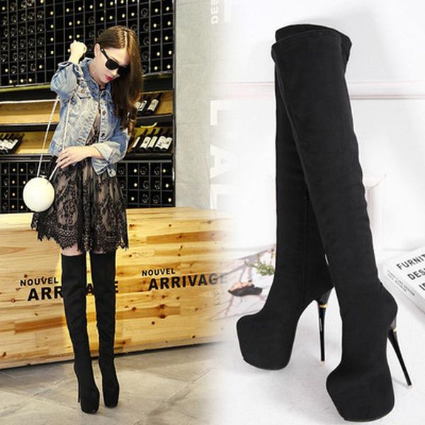 

boots faux suede stretch thigh high elastic slim overthe knee women's fashion heels fetish long shoeshigh, Black