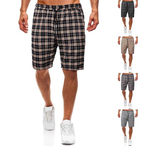 

men's shorts fashion plaid printed high waist casual breathable loose elastic drawstring stretch pocket five-point pants#g3, White;black